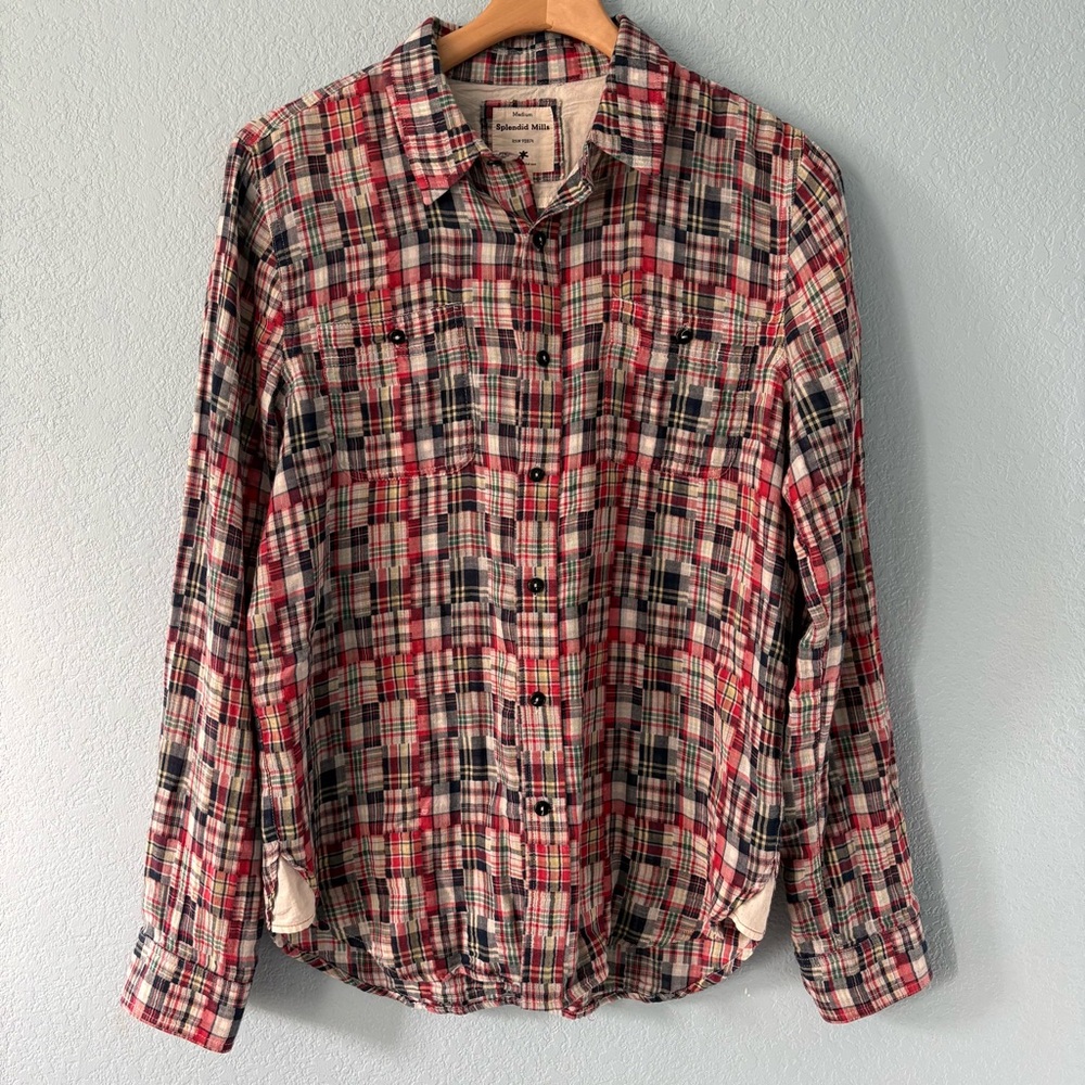 Splendid Mills Button Down Shirt Madras Plaid Knit Cotton Relaxed